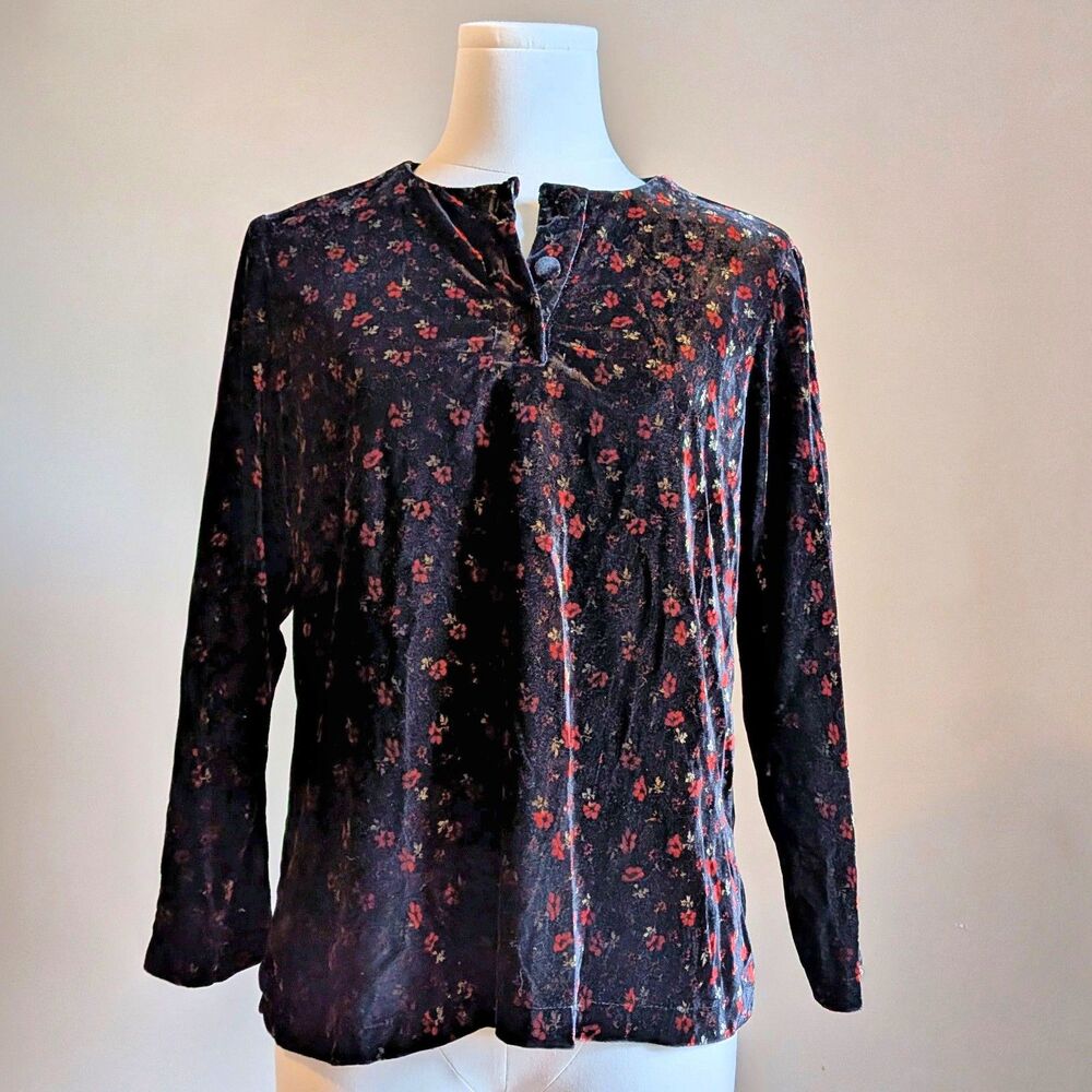 Vintage Handmade Black Floral Velvet Top Henley Button Front Whimsygoth Size S